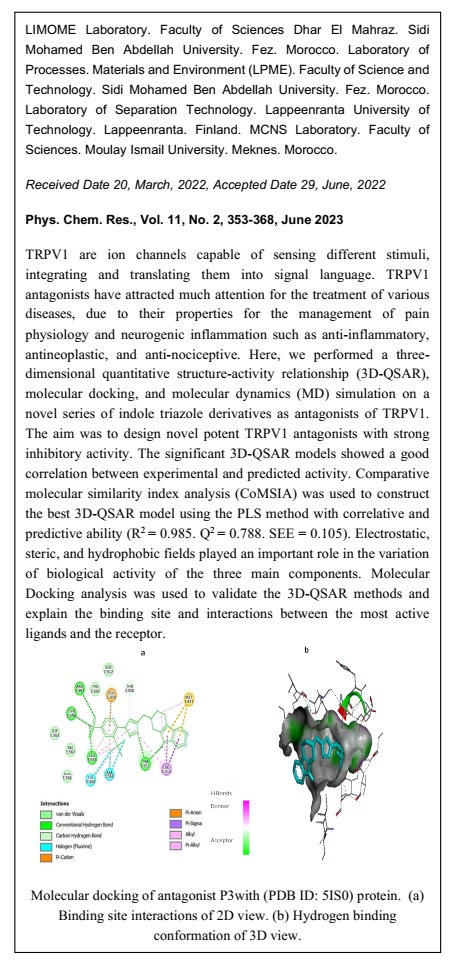 Prediction of Novel TRPV1 Antagonist: A Combination of 3D-QSAR, Molecular Docking, MD Simulations and ADMET Prediction 