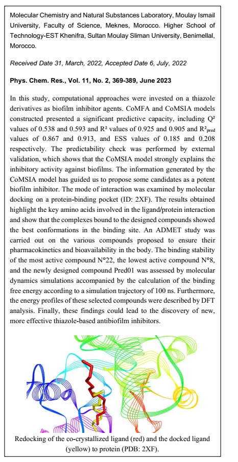 Identification of a Potential Thiazole Inhibitor Against Biofilms by 3D QSAR, Molecular Docking, DFT Analysis, MM-PBSA Binding Energy Calculations, and Molecular Dynamics Simulation 