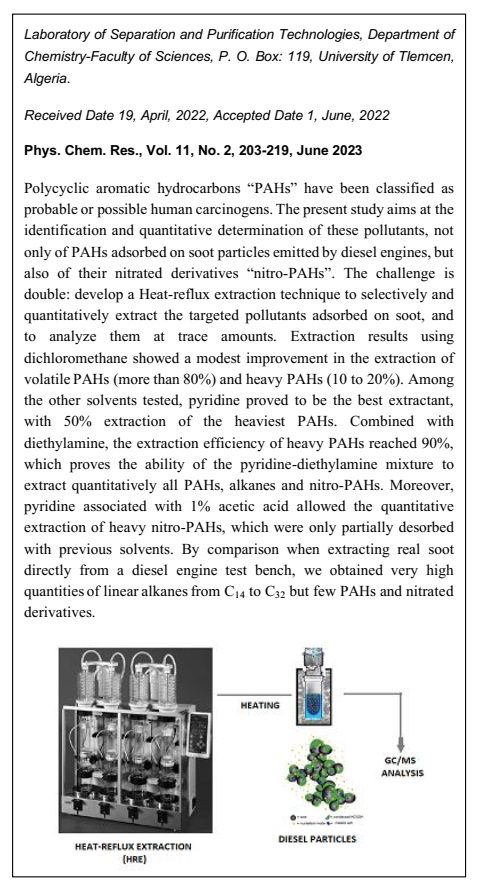 Heat-Refluxextraction (HRE) and GC/MS Analysis of Polycyclic Aromatic Hydrocarbons and Their Nitrted Derivatives Adsorbed on Diesel Combustion Engine Prticles 