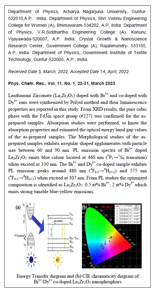 Enhanced Luminescence and Energy Transfer of Bi3+/Dy3+ Co-doped La2Zr2O7 Nanophosphors for pc-LED Applications 