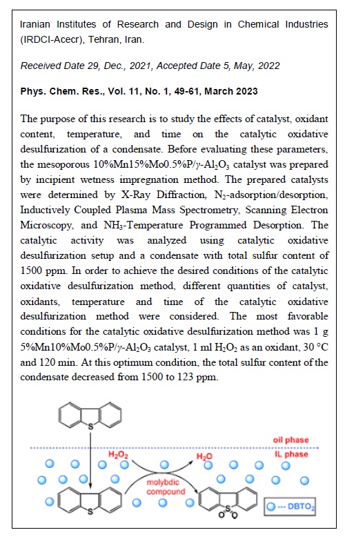 Synthesis MnMoP/γ-Al2O3 Oxidative Desulfurization Catalyst and Optimized the Operating Conditions of the Catalytic ODS Method of Condensate 